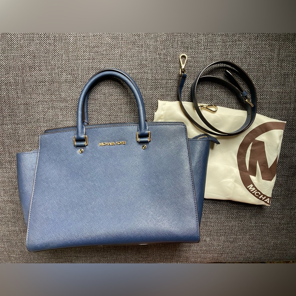 Michael Kors Selma Saffiano Leather Satchel Blue Bag Large Tote Bag & Dust Bag